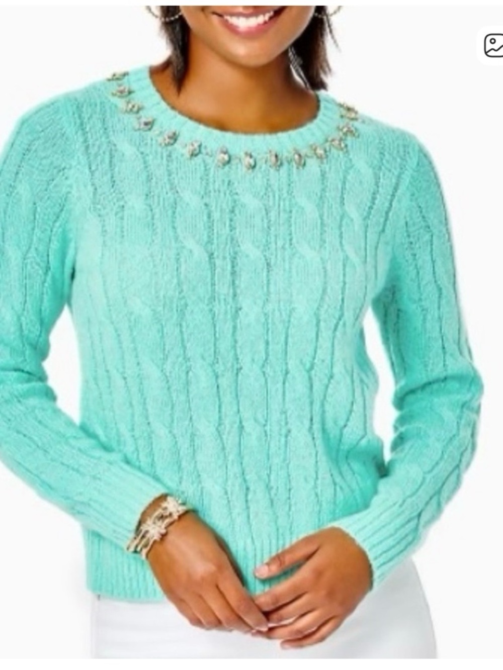 Lilly Pulitzer Aqua Cable Knit Beaded Crewneck Sweater